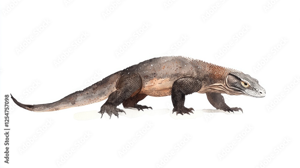 Illustration of a prehistoric reptile walking on a white background, showcasing its detailed anatomy Illustration of a prehistoric reptile walking on a white background, showcasing its detailed anatomy