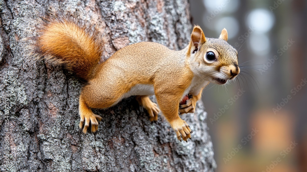 A brown squirrel climbing up a sturdy tree trunk in pursuit of acorns. Wildlife moment, forest setting. A brown squirrel climbing up a sturdy tree trunk in pursuit of acorns. Wildlife moment, forest setting.
