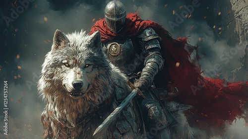 A knight in full armor rides a majestic dire wolf through a battle-torn landscape, a dramatic image perfect for fantasy art, gaming, and book covers.