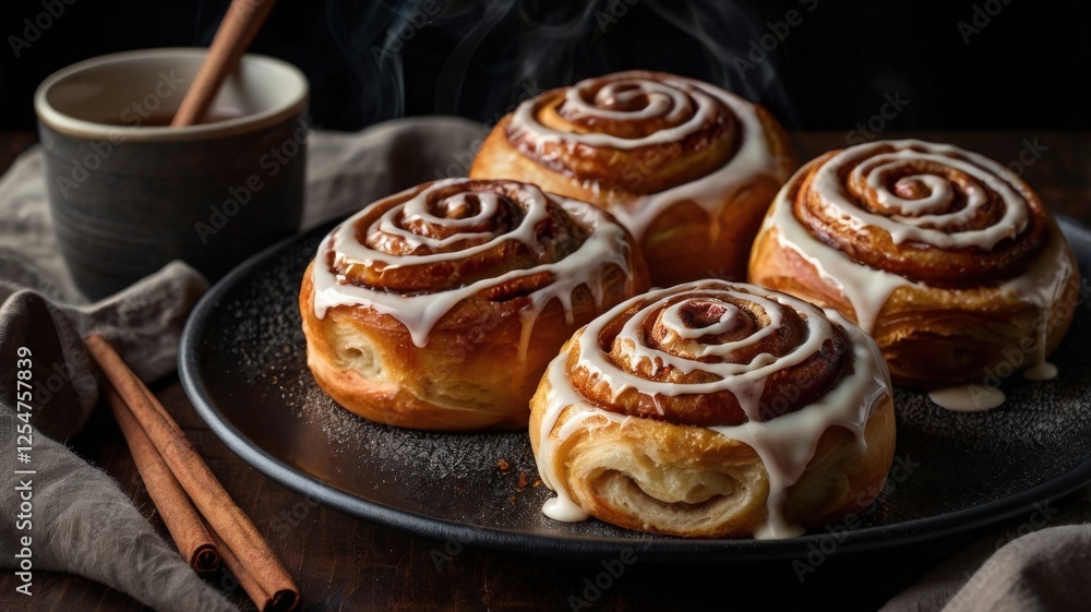 Warm Cinnamon Rolls with Icing and Steaming Tea Warm Cinnamon Rolls with Icing and Steaming Tea