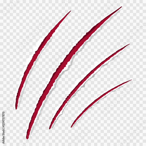 Cat claws red scratches, torn paper edge isolated on transparent background realistic. Damaged surface textured holes. 