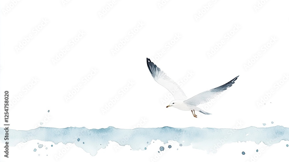 Obraz premium Seagull soaring over a tranquil sea with soft watercolor waves in a serene, minimalist setting