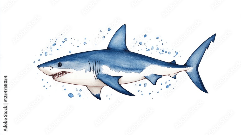 Naklejka premium Illustration of a blue shark swimming amidst splashes of watercolors, showcasing marine life