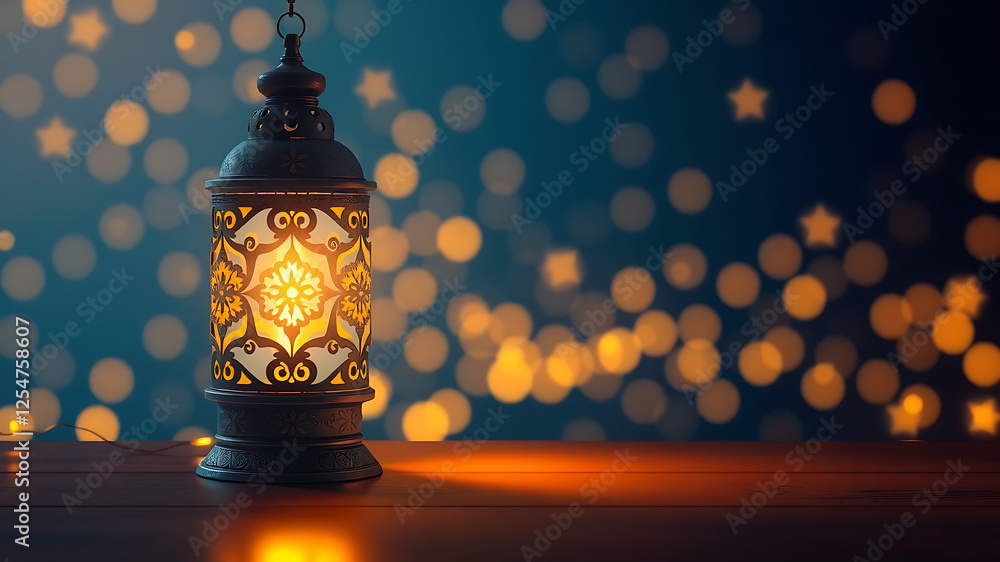 Ornate Lantern Illuminates Festive Bokeh Background Ornate Lantern Illuminates Festive Bokeh Background