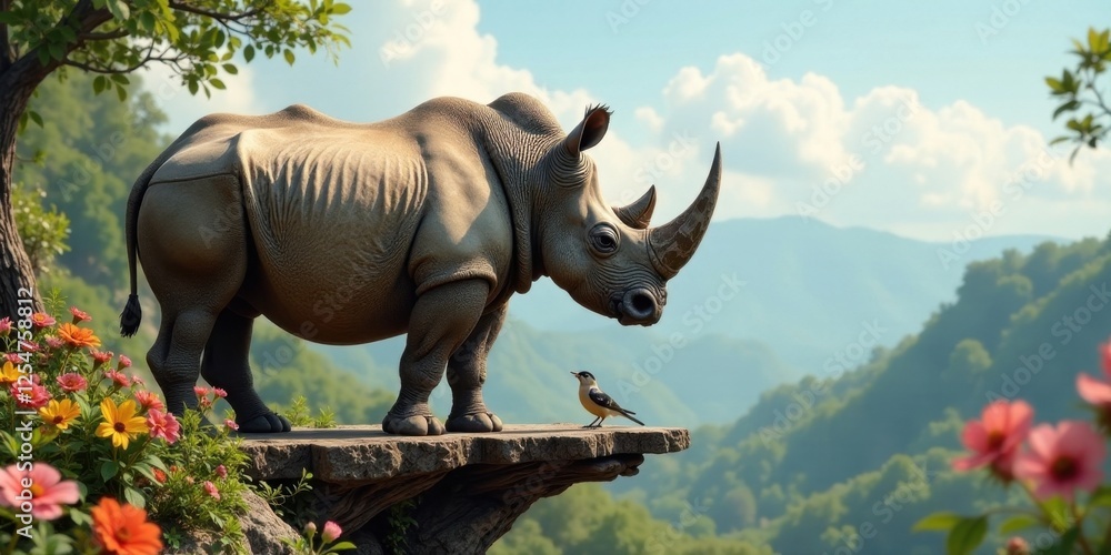 Fototapeta premium A majestic rhinoceros stands on a rocky outcrop overlooking a verdant valley, a small bird perched nearby, a peaceful scene of wildlife and nature