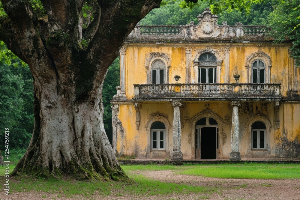 Old yellow mansion near giant tree, weathered facade shows age and grandeur. Perfect for illustrating themes of history, decay, or mystery in films, books, or websites. Old yellow mansion near giant tree, weathered facade shows age and grandeur. Perfect for illustrating themes of history, decay, or mystery in films, books, or websites.