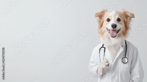 Smiling dog in a doctor coat with stethoscope on white background, humorous animal healthcare concept. photo