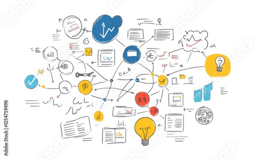 Brainstorming Mind Map Ideas connecting on white background, illustrating creative process for business planning