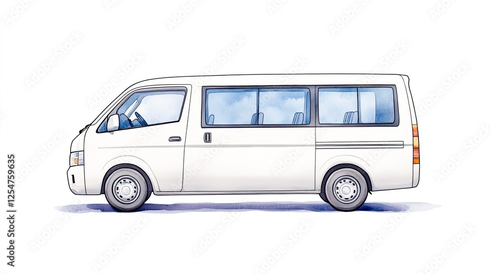 Side view of a spacious white van with large windows, against a simple background Side view of a spacious white van with large windows, against a simple background
