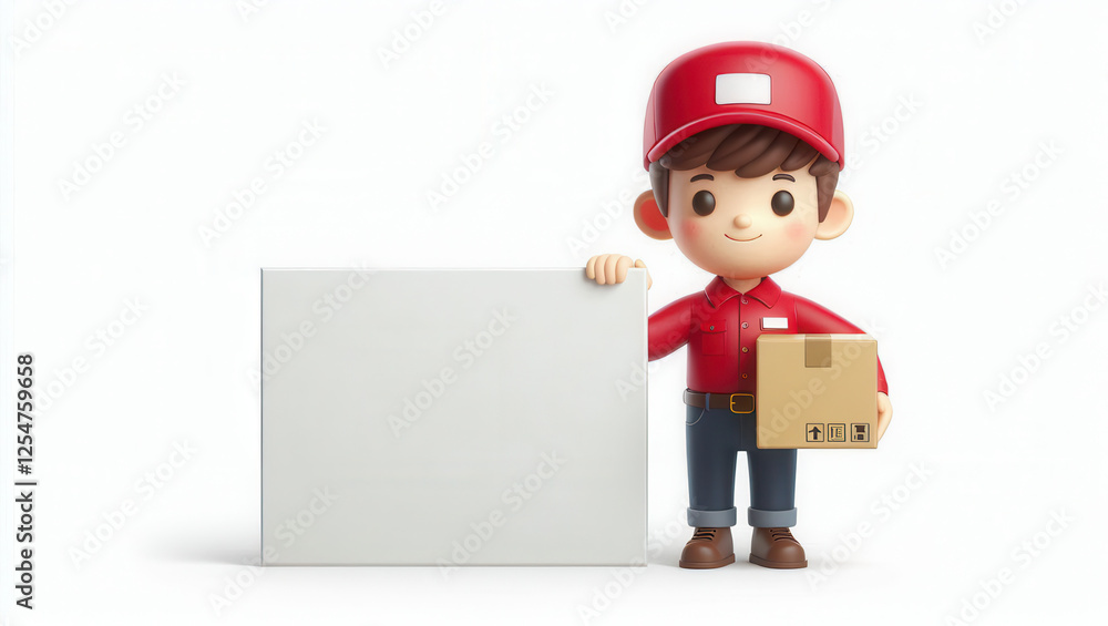 Delivery service character holding box and blank sign studio background 3d render playful concept Delivery service character holding box and blank sign studio background 3d render playful concept