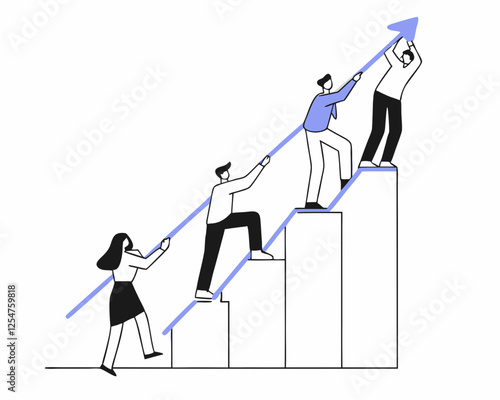 team growth growing business success employee engagement career progress achievement or challenge corporate ladder motivation to win together concept business people climb up growth graph.