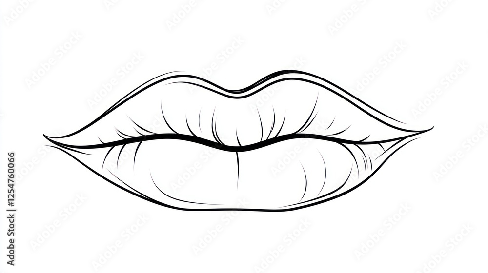 Close-up line art drawing of lips; white background; beauty, cosmetic use Close-up line art drawing of lips; white background; beauty, cosmetic use