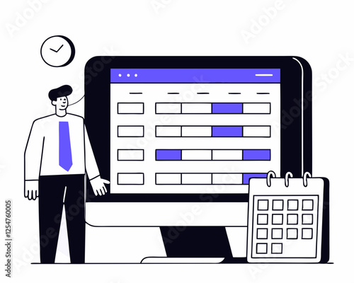 salary payroll system online income calculate and automatic payment office accounting administrative or calendar pay date employee wages concept businessman standing with online payroll computer.