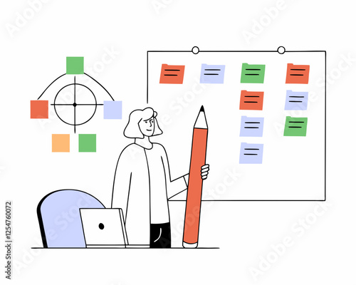 project management or development plan strategy or process to develop product schedule or manage resource to achieve goal concept businesswoman holding pencil with project management elements.