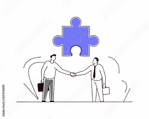 partnership teamwork or collaboration to success solve jigsaw puzzle together agreement or solution to win corporate trust cooperation concept businessman handshake connect jigsaw together.