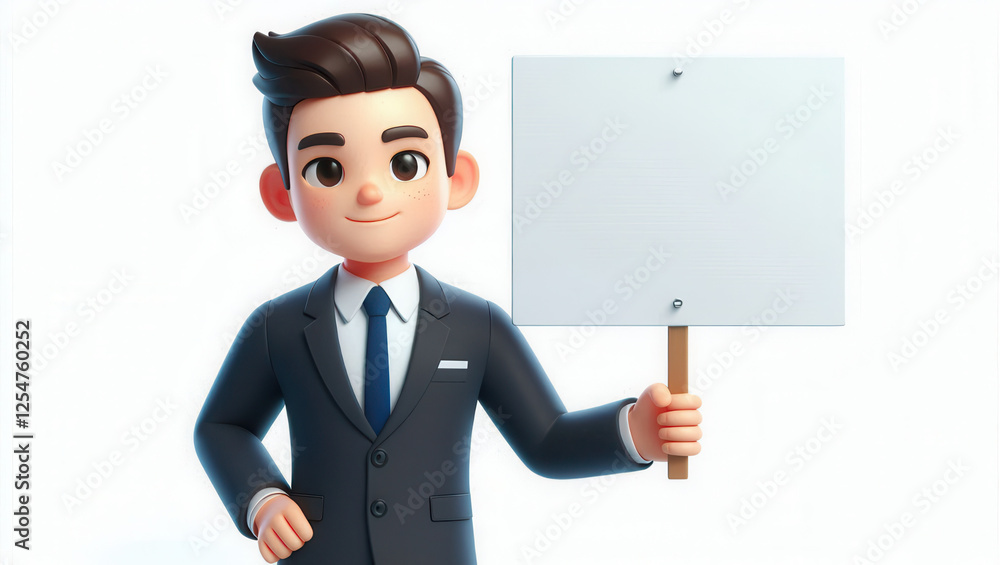 Businessman holding blank sign studio 3d character creative environment front view promotion Businessman holding blank sign studio 3d character creative environment front view promotion