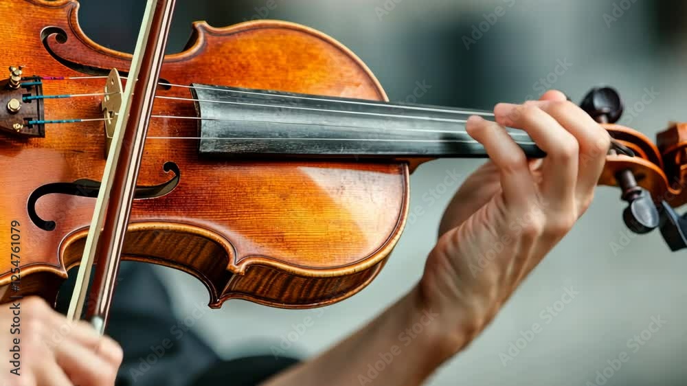 Close-up of skilled violinist musician hands play crafted violin. Rich wood craftsmanship instrument beauty. Bow glides expertly across strings, artistry. Musical passion. Music, art performance. Close-up of skilled violinist musician hands play crafted violin. Rich wood craftsmanship instrument beauty. Bow glides expertly across strings, artistry. Musical passion. Music, art performance.