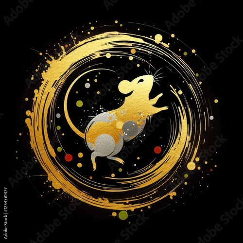 Golden Mouse in a Dynamic Abstract Circle with Splatter Effects with Generative AI. photo