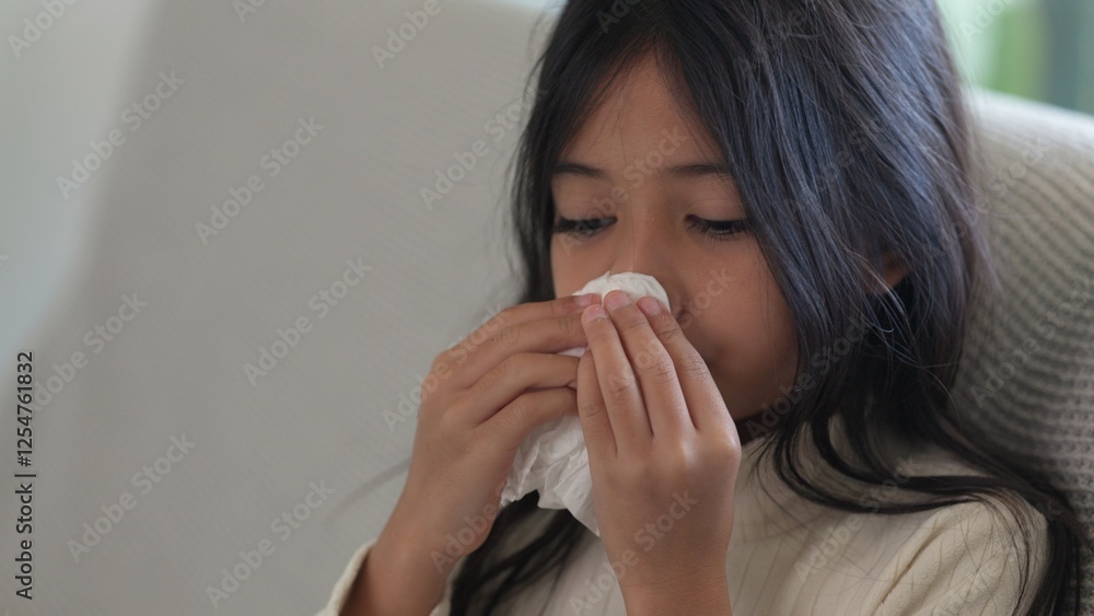 Asian child girl sick with sneezing on the nose and cold cough on tissue paper because weak or virus and bacteria from dust weather and Air pollution pm2.5 Asian child girl sick with sneezing on the nose and cold cough on tissue paper because weak or virus and bacteria from dust weather and Air pollution pm2.5