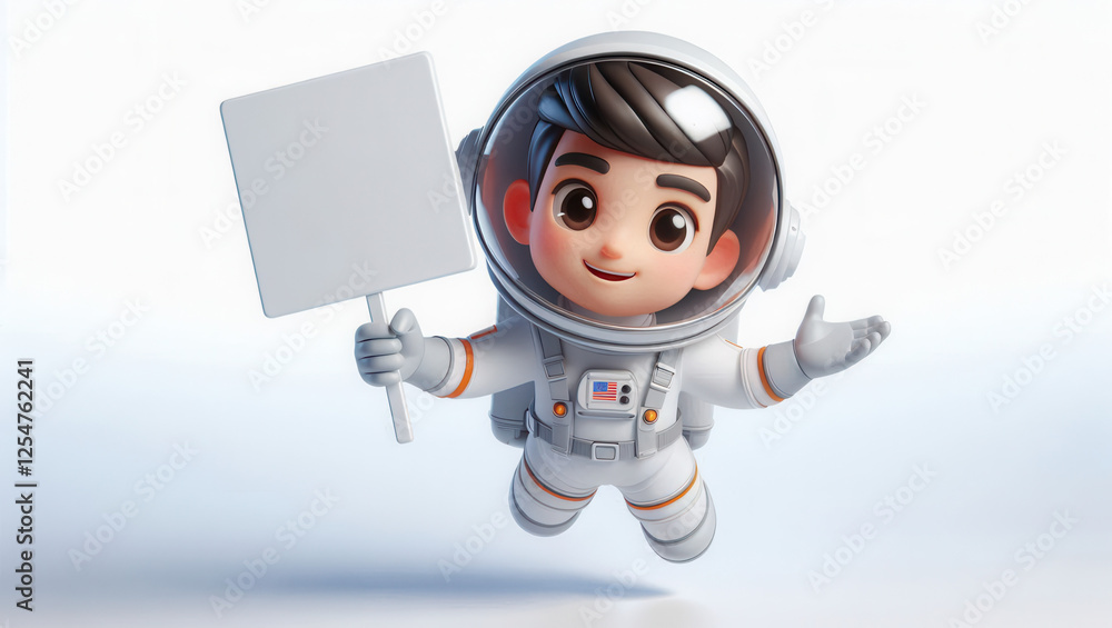 Exciting astronaut character holding blank sign space 3d animation playful fun theme Exciting astronaut character holding blank sign space 3d animation playful fun theme