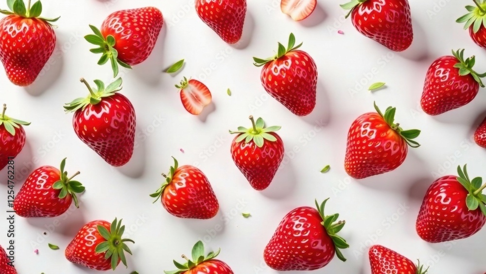 A delightful arrangement of fresh, vibrant strawberries, showcasing their natural redness and lush green leaves, scattered on a pristine white background creating a visually appealing pattern. A delightful arrangement of fresh, vibrant strawberries, showcasing their natural redness and lush green leaves, scattered on a pristine white background creating a visually appealing pattern.