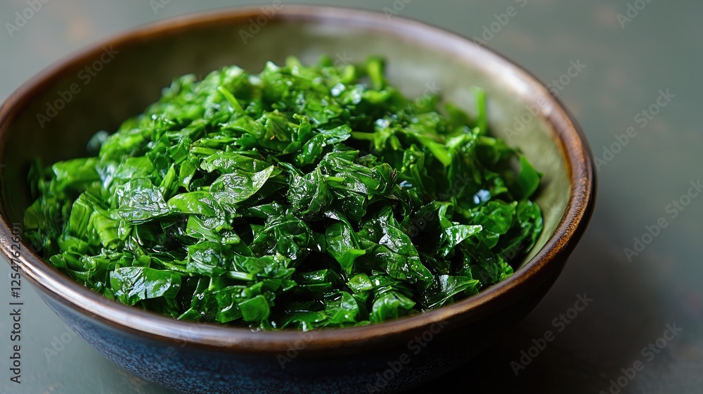 Freshly steamed spinach leaves in a rustic ceramic bowl on a wooden table Freshly steamed spinach leaves in a rustic ceramic bowl on a wooden table