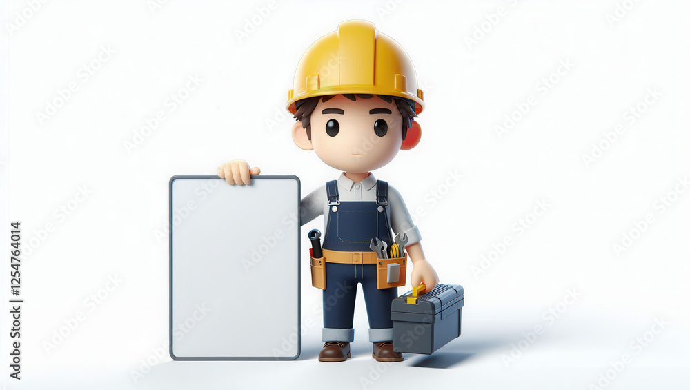 Construction worker holding blank sign studio environment 3d animation creative concept Construction worker holding blank sign studio environment 3d animation creative concept