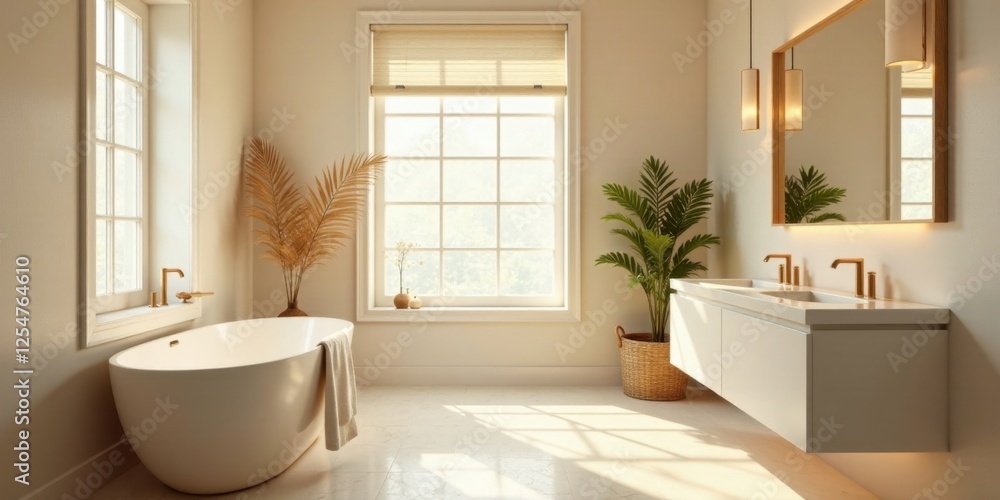 Fototapeta premium Serene Minimalist Bathroom Design with Freestanding Tub, Double Vanity, and Natural Light