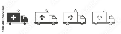 Ambulance icons set. Liner outlined and flat black color