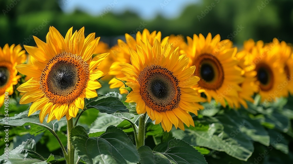 Naklejka premium Vibrant sunflower field on a clear day emphasizing nature's beauty and tranquility