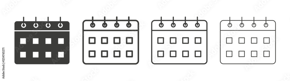 Calendar icons set. Liner outlined and flat black color Calendar icons set. Liner outlined and flat black color