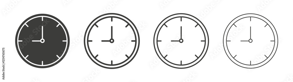 Clock nine icons set. Liner outlined and flat black color Clock nine icons set. Liner outlined and flat black color