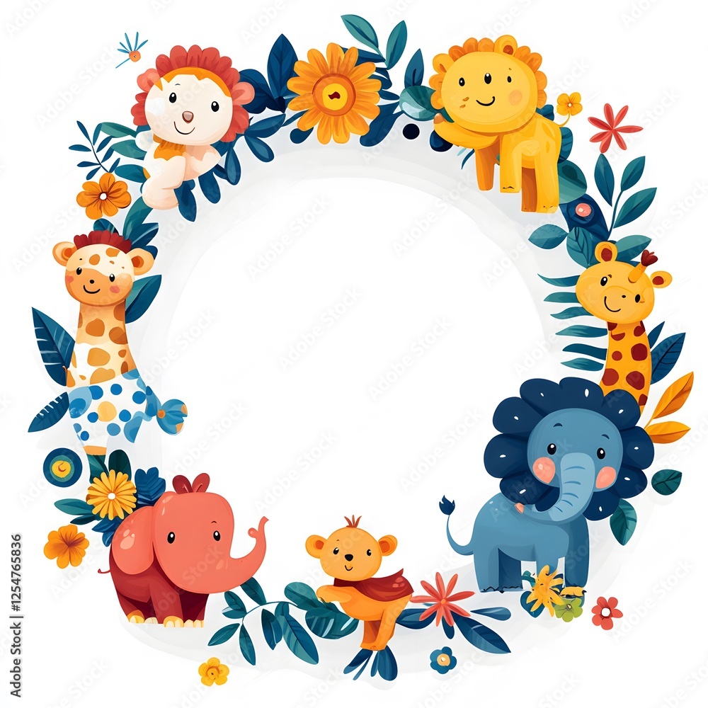 Fototapeta premium Whimsical woodland animals floral wreath for kids nursery decor
