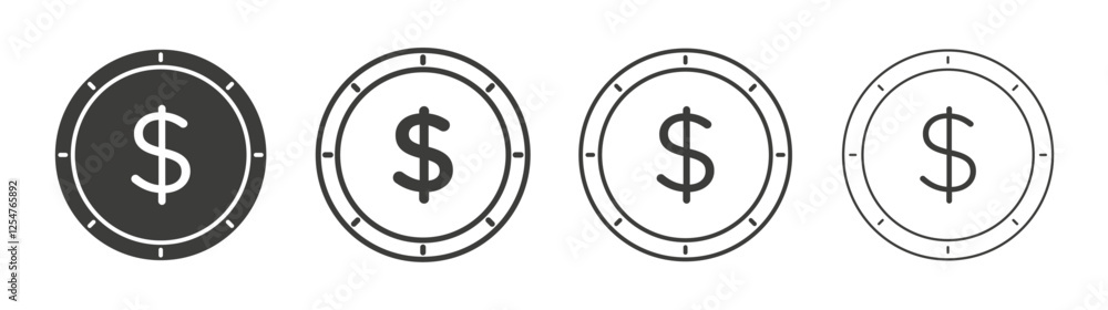 Coin icons set. Liner outlined and flat black color Coin icons set. Liner outlined and flat black color