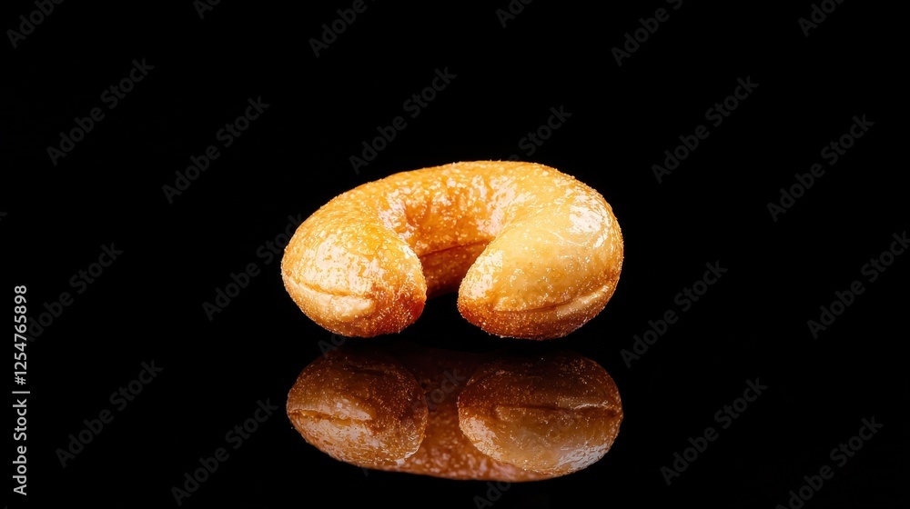 A shiny, golden cookie with a unique crescent shape, resting on a reflective surface against a dark background. A shiny, golden cookie with a unique crescent shape, resting on a reflective surface against a dark background.