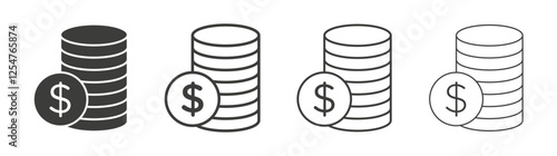 Coins icons set. Liner outlined and flat black color