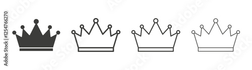 Crown icons set. Liner outlined and flat black color
