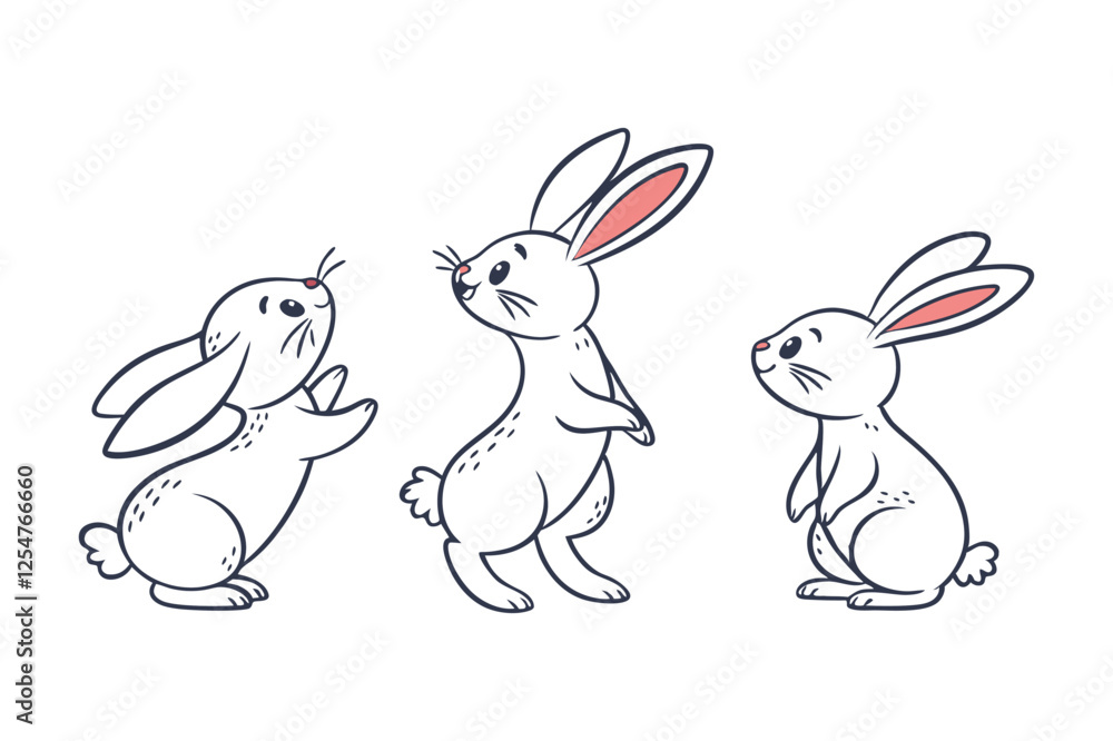 Minimal Bunny Line Art Doodle in Different Poses, Minimal Bunny Line Art Doodle in Different Poses,
