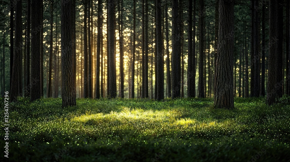 Obraz premium Glow forest idea. A serene forest scene with sun rays filtering through tall trees and lush green undergrowth.