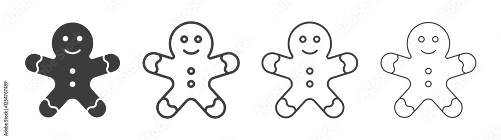 Gingerbread man icons set. Liner outlined and flat black color Gingerbread man icons set. Liner outlined and flat black color