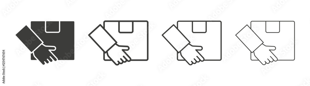 Hand holding box icons set. Liner outlined and flat black color Hand holding box icons set. Liner outlined and flat black color