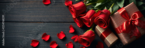 Cinematic Valentine's Day Banner with Red Roses, Gift Boxes, Dark Wood, Chiaroscuro Lighting, and Film Texture
