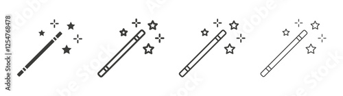 Magic wand icons set. Liner outlined and flat black color