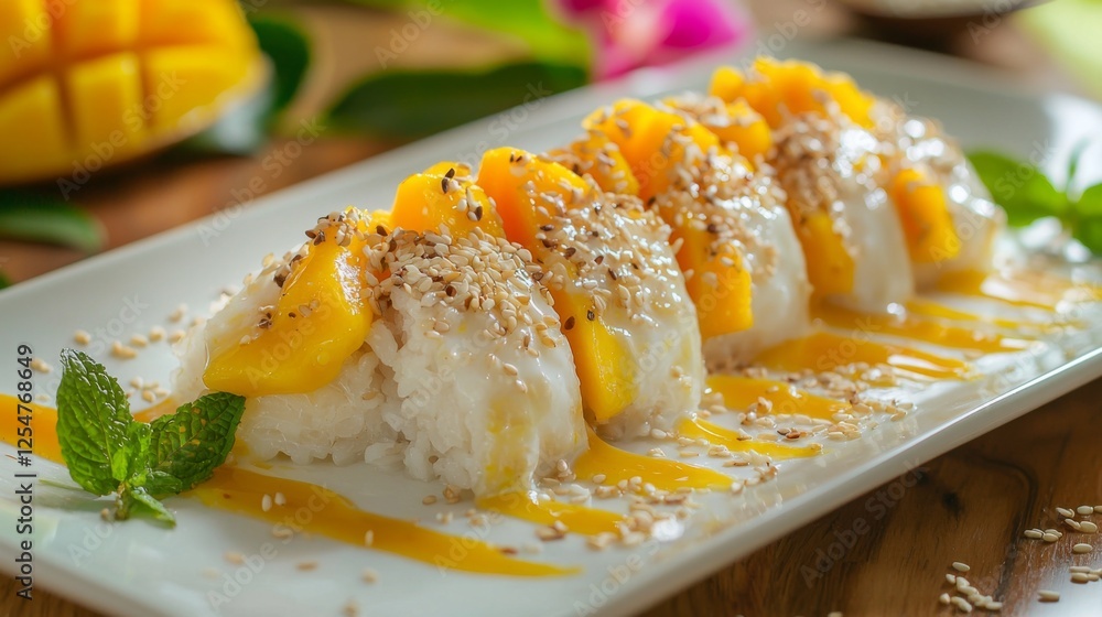 A beautifully plated mango sticky rice dessert, drizzled with coconut milk and sprinkled with sesame seeds. --chaos 20 --ar 16:9 --quality 2 --v 6.1 Job ID: 0d8263f1-514e-4998-a4cf-8f63b471b695 A beautifully plated mango sticky rice dessert, drizzled with coconut milk and sprinkled with sesame seeds. --chaos 20 --ar 16:9 --quality 2 --v 6.1 Job ID: 0d8263f1-514e-4998-a4cf-8f63b471b695