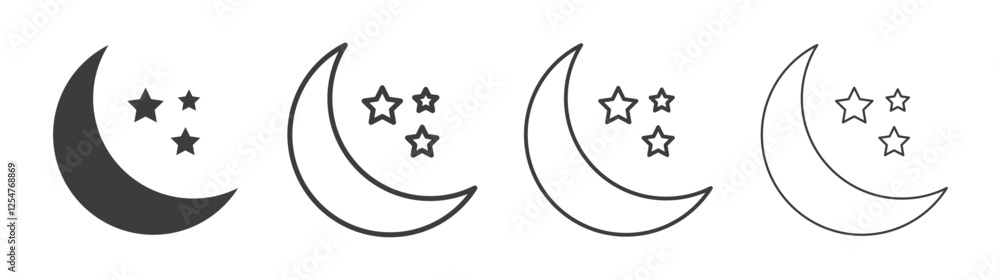 Moon stars icons set. Liner outlined and flat black color Moon stars icons set. Liner outlined and flat black color