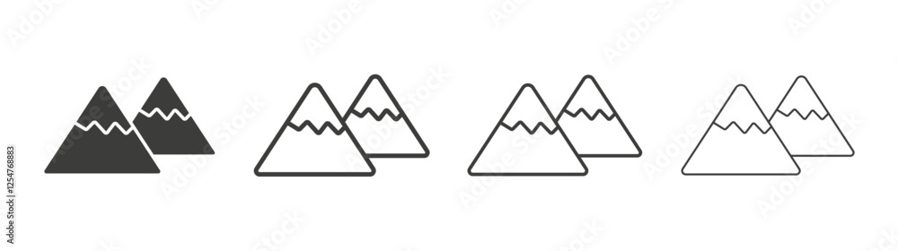 Mountains icons set. Liner outlined and flat black color Mountains icons set. Liner outlined and flat black color
