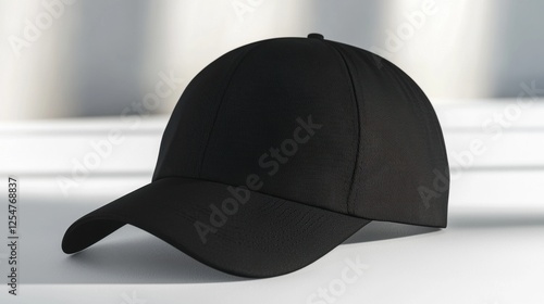 A sleek black baseball cap with a textured design, resting on a flat surface against a softly lit background.