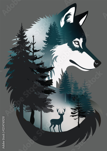 Forest wolf portrait and deer double exposure vector art