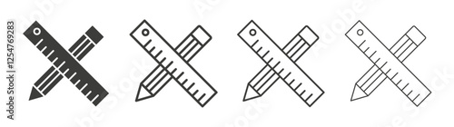 Pencil and ruler icons set. Liner outlined and flat black color