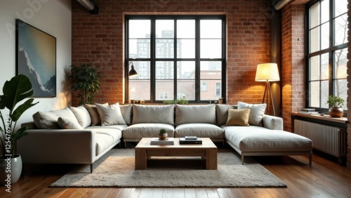 Modern Sectional Sofa in a Spacious Loft Apartment with Exposed Brick Walls and Large Windows Offering Abundant Natural Light